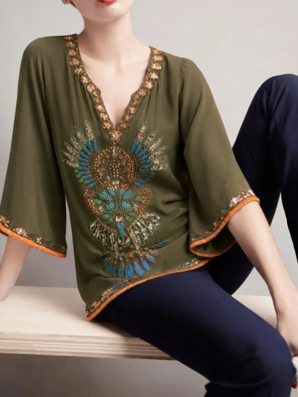 Olive-Green Bohemian Top w/ Intricate Beadwork  & Embellished Trim (L)